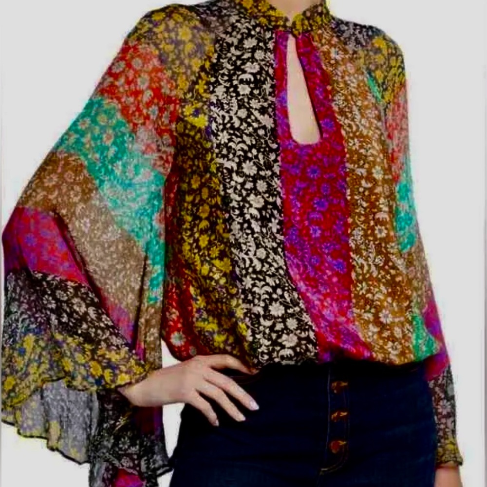 Alice & Olivia Patchwork Boho Prija Flare Long Sleeve Blouse Mandarin Collar